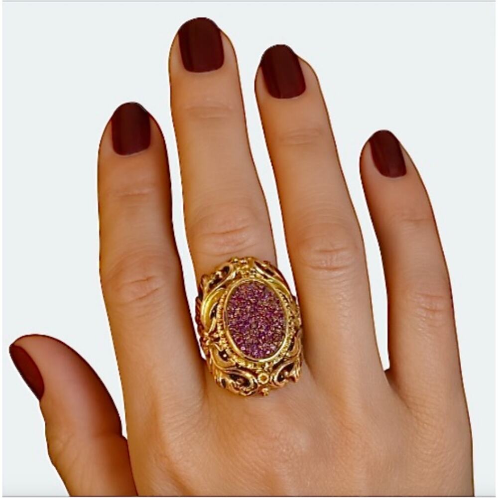 Vintage Nicky Butler Purple Druzy Statement Ring Sz 8 Y2K Ornate Gold Tone India